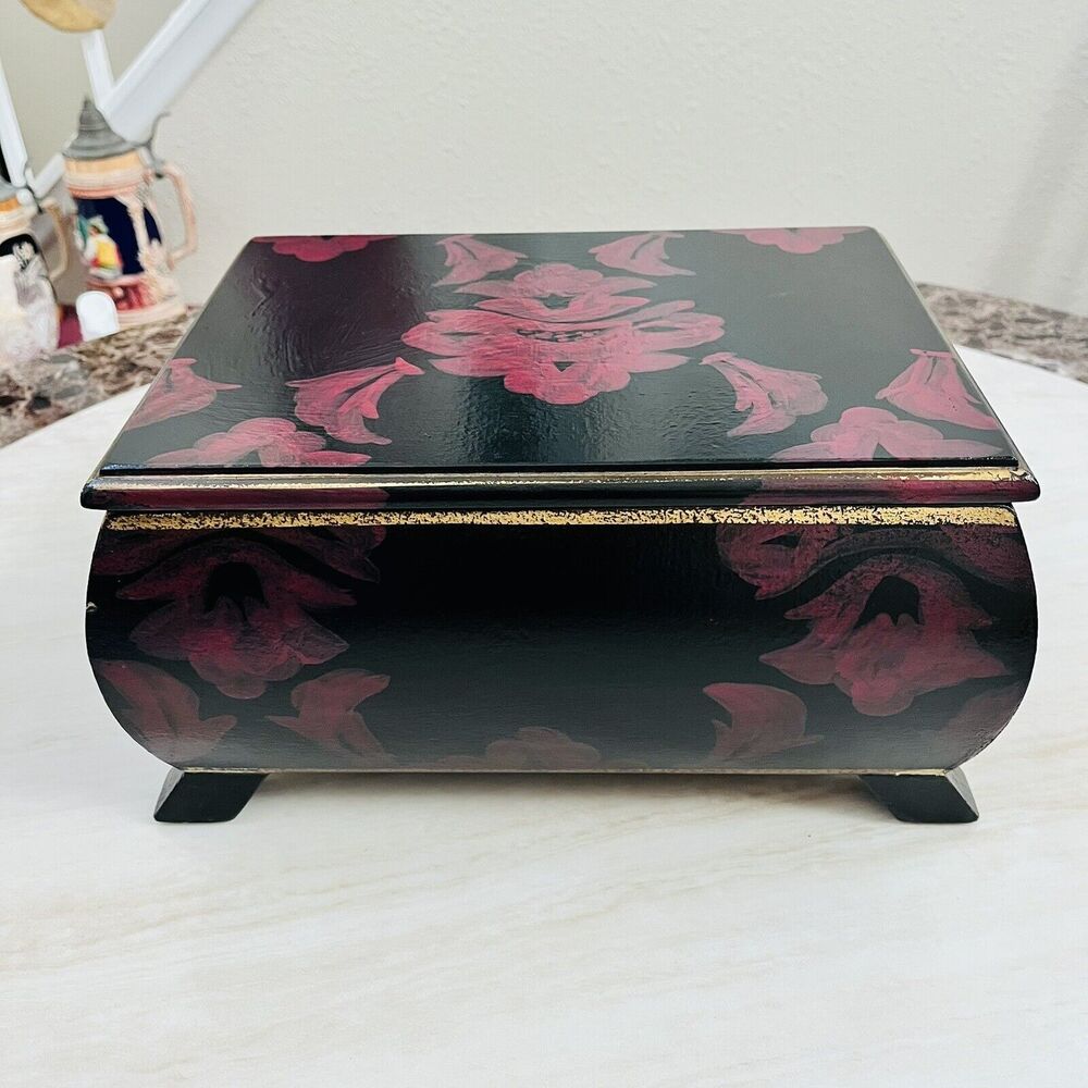VTG Handcrafted Black Wooden Keepsake Box with Burgundy Floral Design 11”x8”x6”